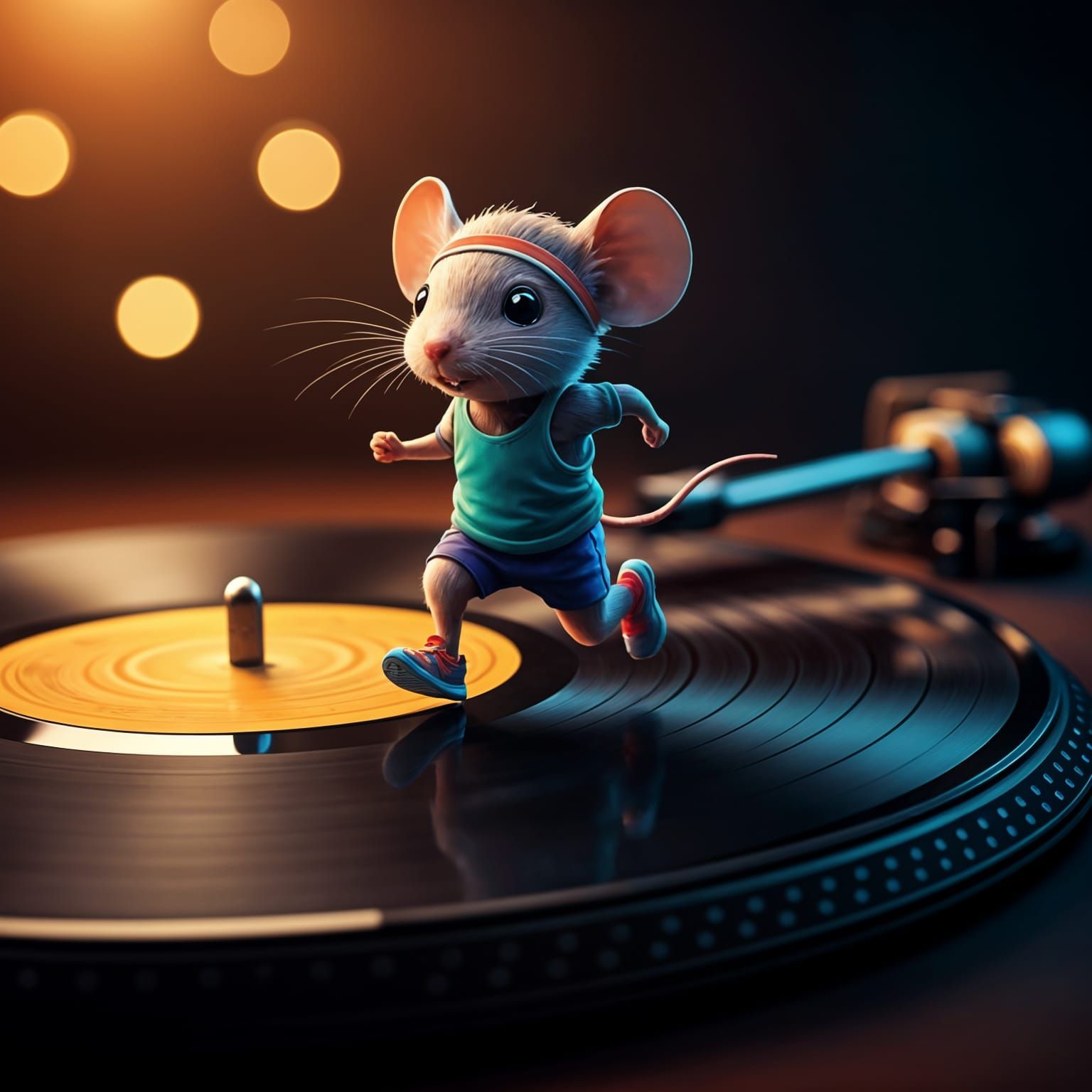 Mouse Running on Vinyl Record in Neon Style