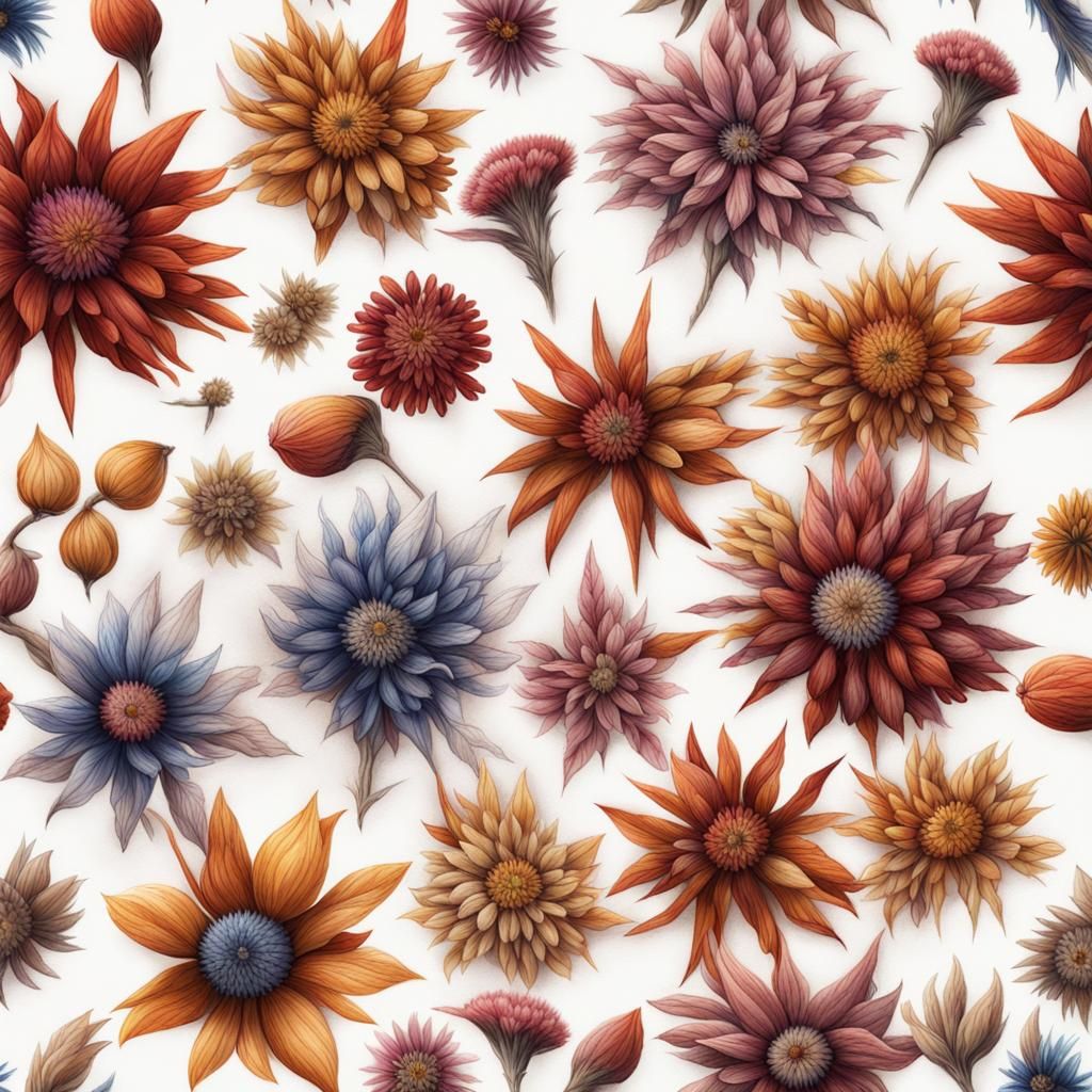 Colorful Dried Flower Pattern in Colored Pencil