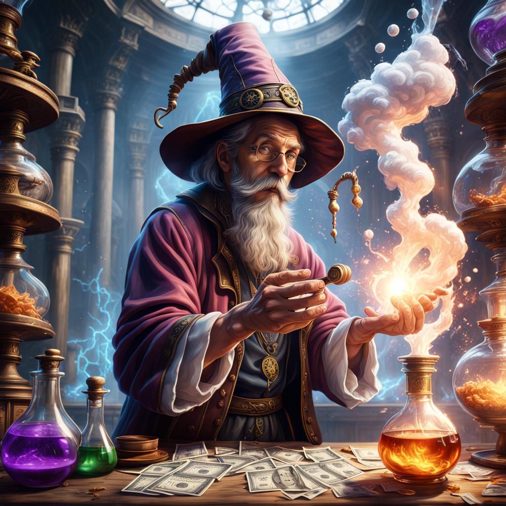 Alchemist Casting Spell to Create Money in Fantasy Art