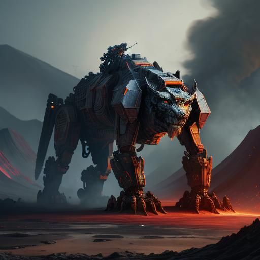 Red Lion Mech in Volcanic Landscape