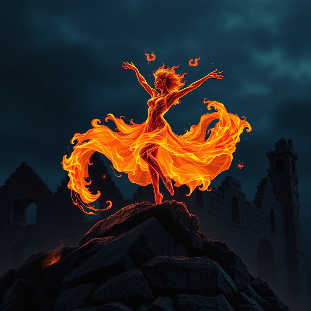 Fiery Dancer Performs Ballet Atop Ruined Castle