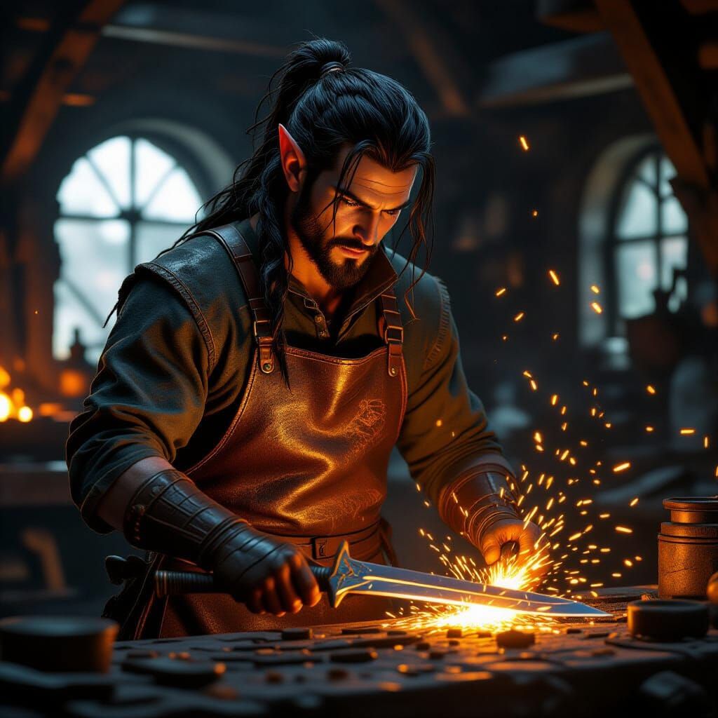 Elven Blacksmith Forging Sword in a Fiery Forge