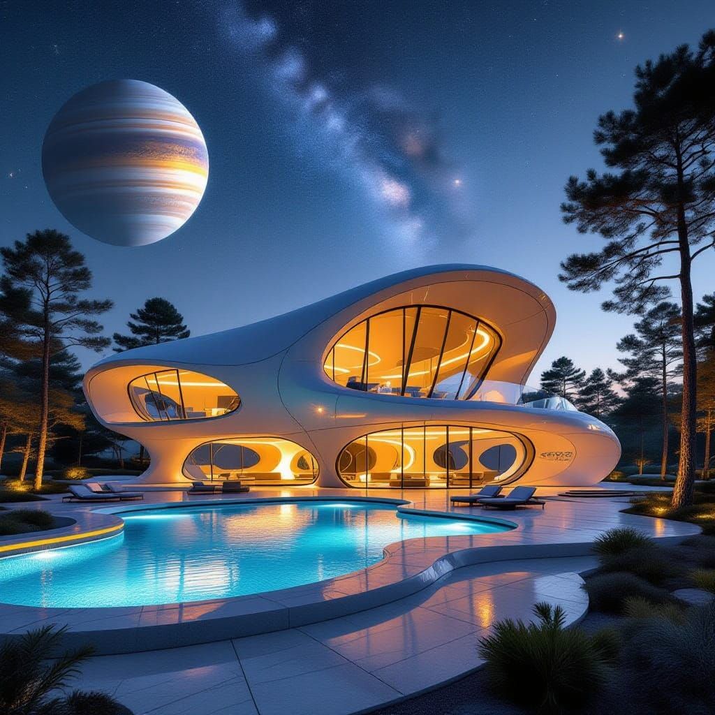 Galactic Futuristic Mansion with Cosmic Pool and Organic Des...