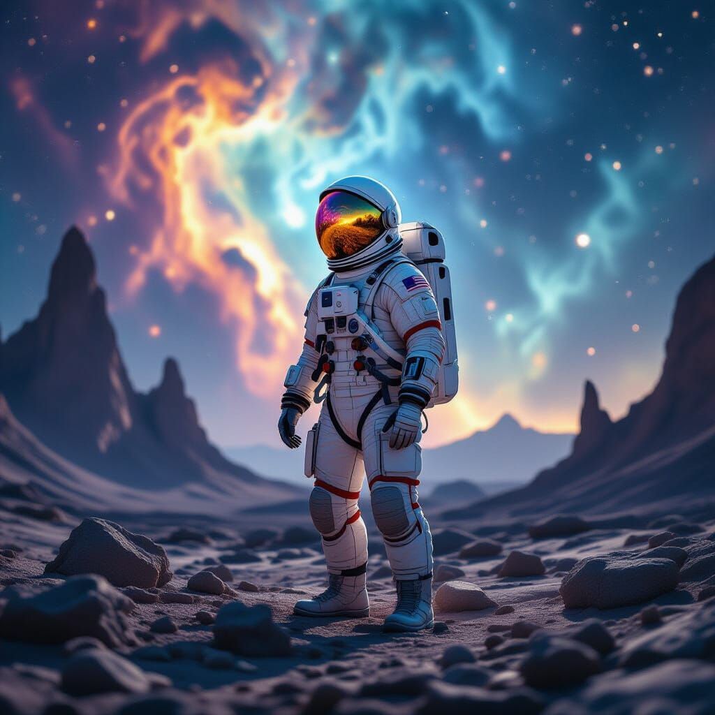 Astronaut on Alien Planet Gazing at Swirling Nebula