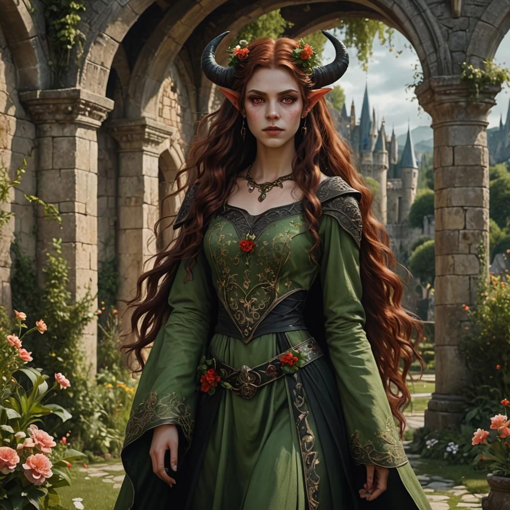 Tiefling Druid in Medieval Garden, Fantasy Art