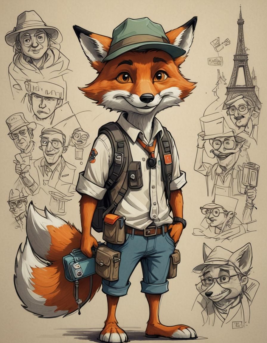 Humorous Cartoon Fox Tourist in 2D Style