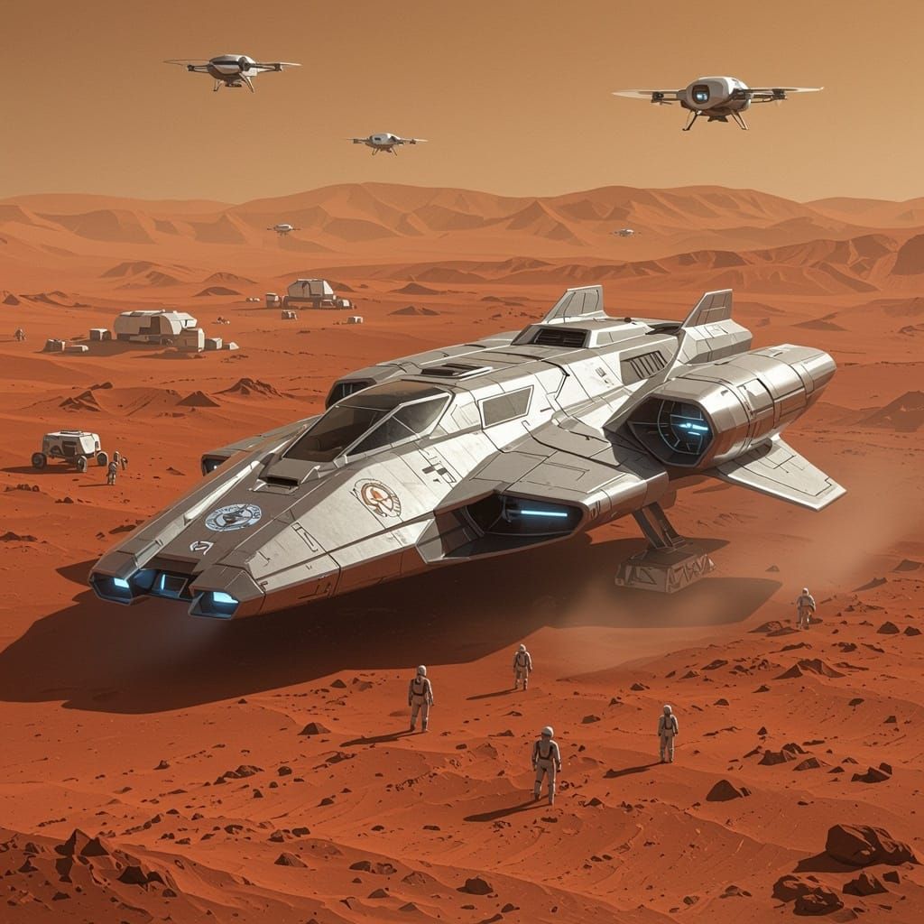 Futuristic Spaceship Lands on Mars with Earth's Insignia