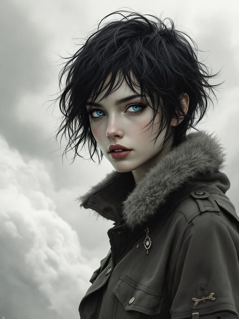 Ethereal Beauty in Stormy Skies, Hyper-Realistic Portrait