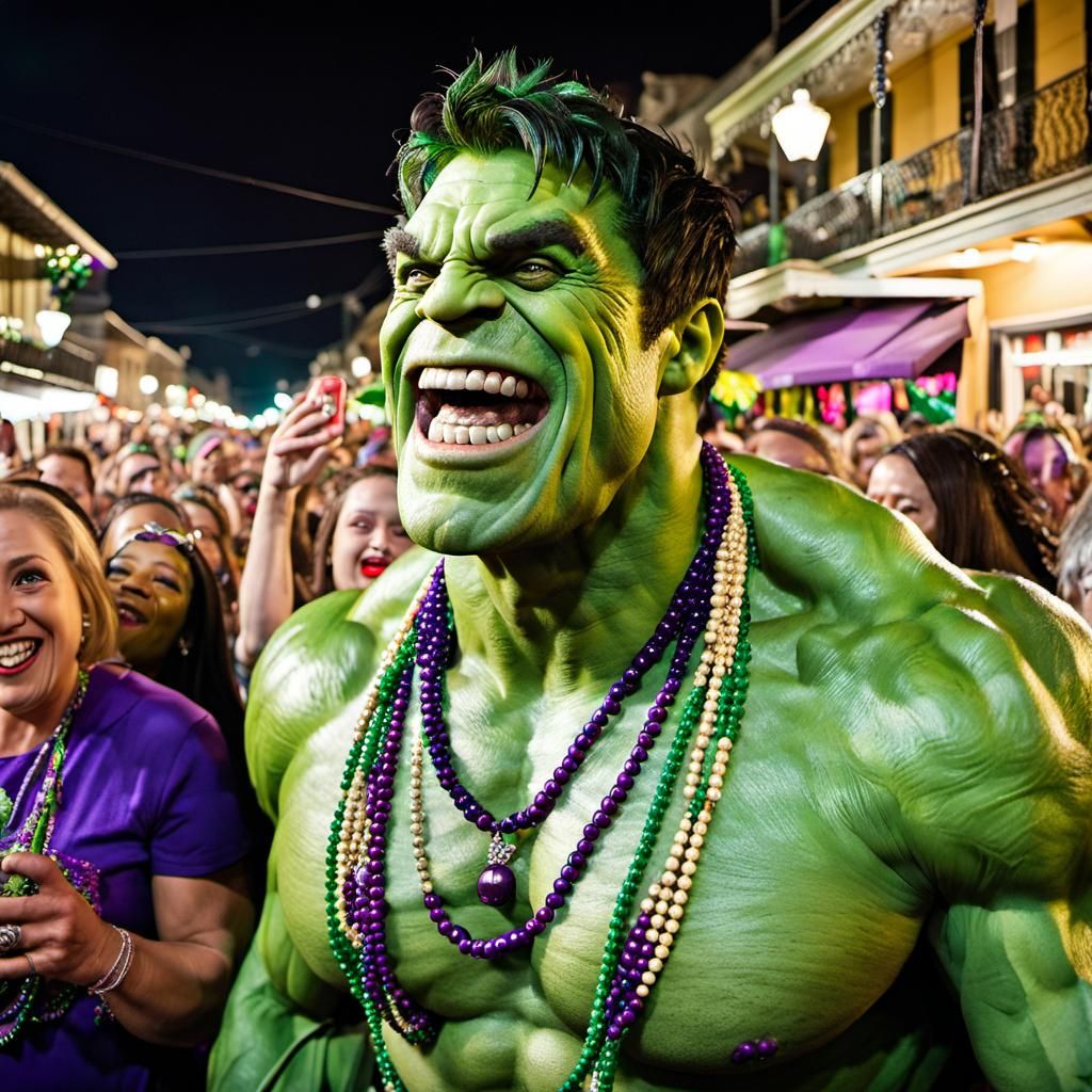 Hulk Celebrates Mardi Gras: Hyperrealistic Comic Art