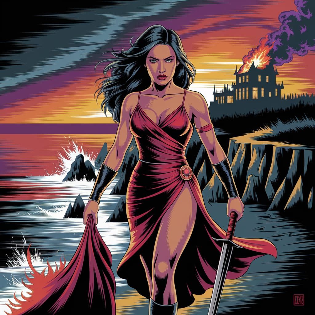 Latina Woman with Burning Dress on Cliffside at Dusk