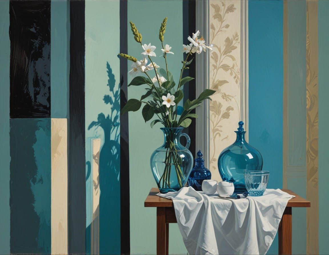 Contemporary Still Life Painting with Blue Glass