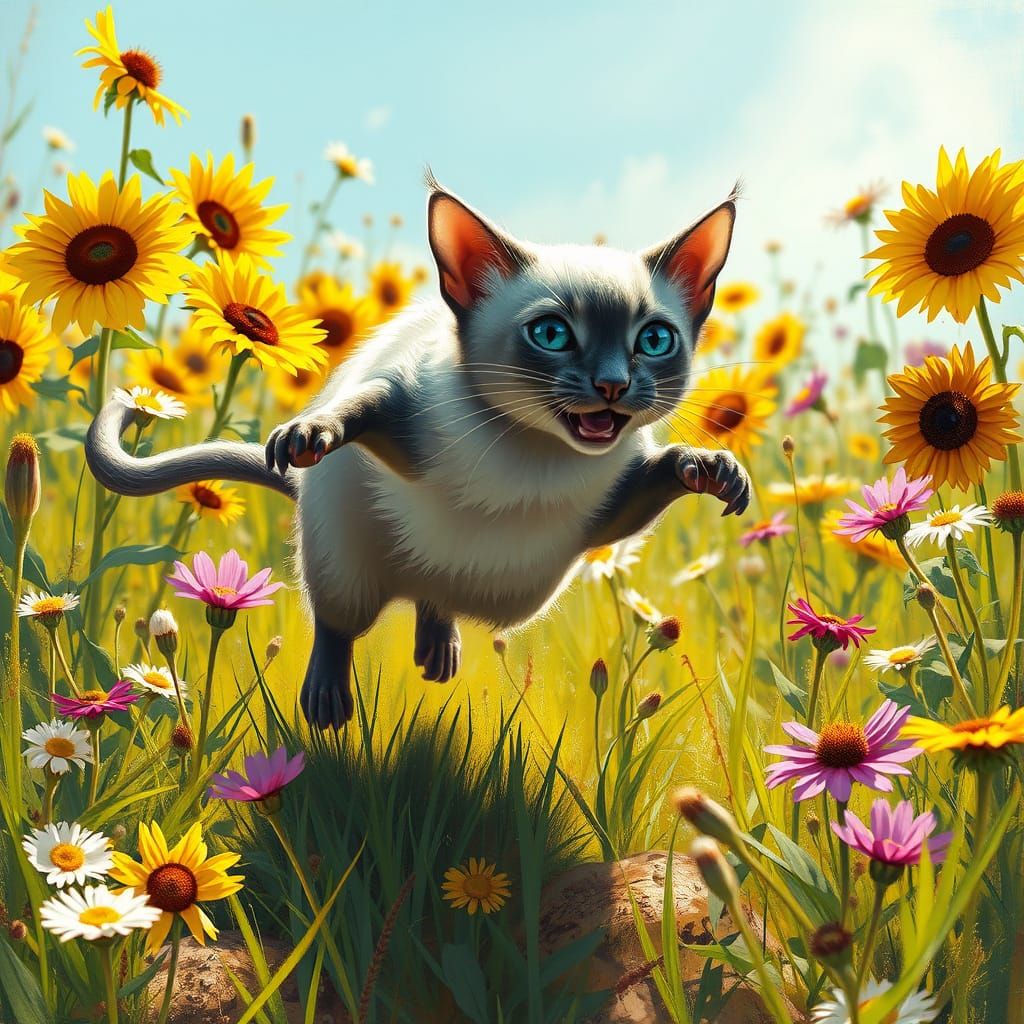 Sleek Siamese Rat Frolics in Vibrant Wildflower Meadow
