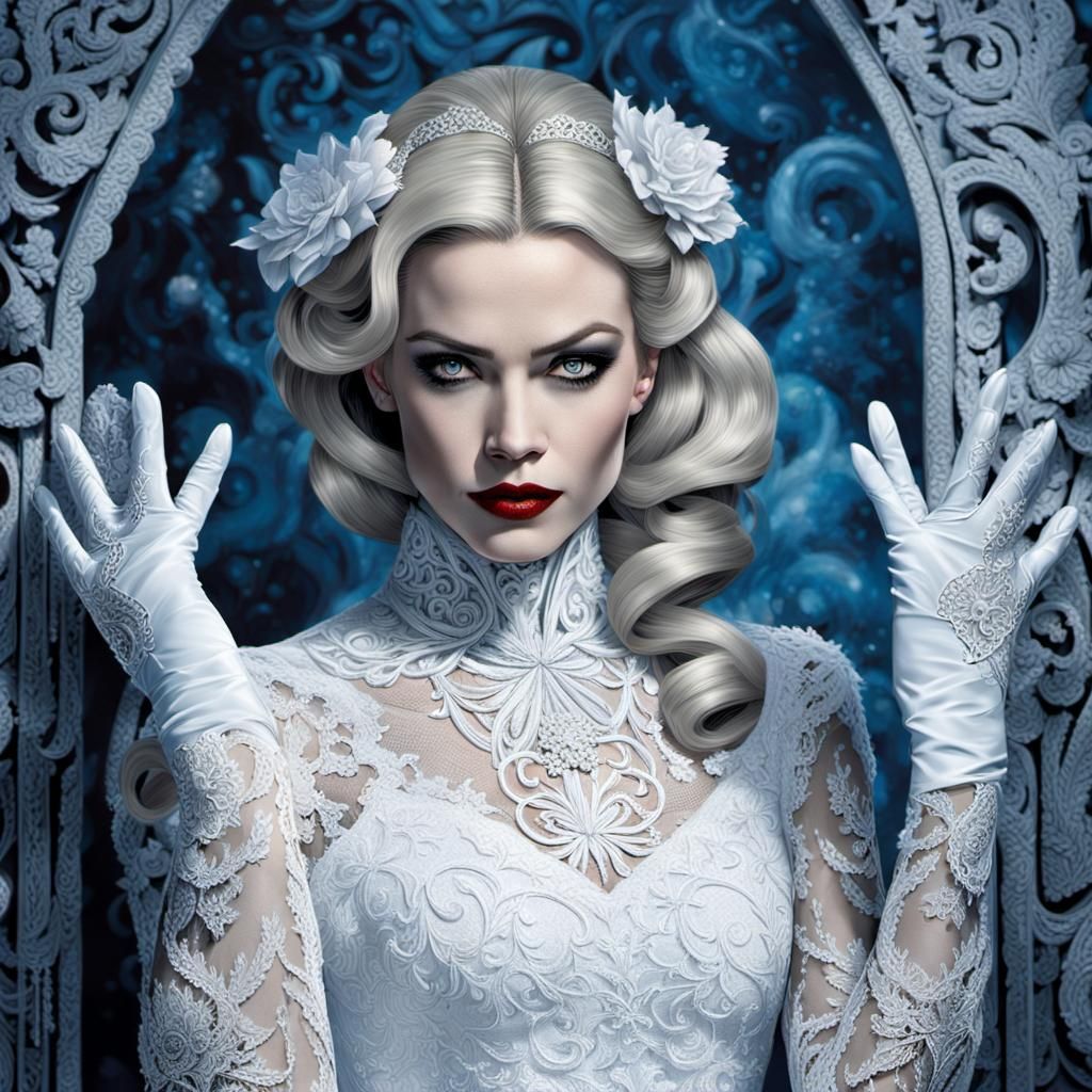 Emma Frost Portrait with Red Lips and Lace Gloves