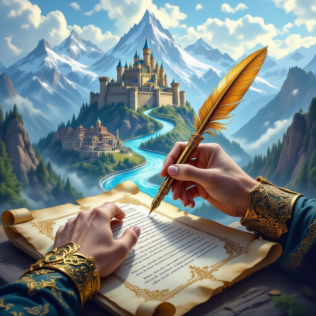 Mystical Hand with Ornate Bracelet Holds Quill Over Enchante...