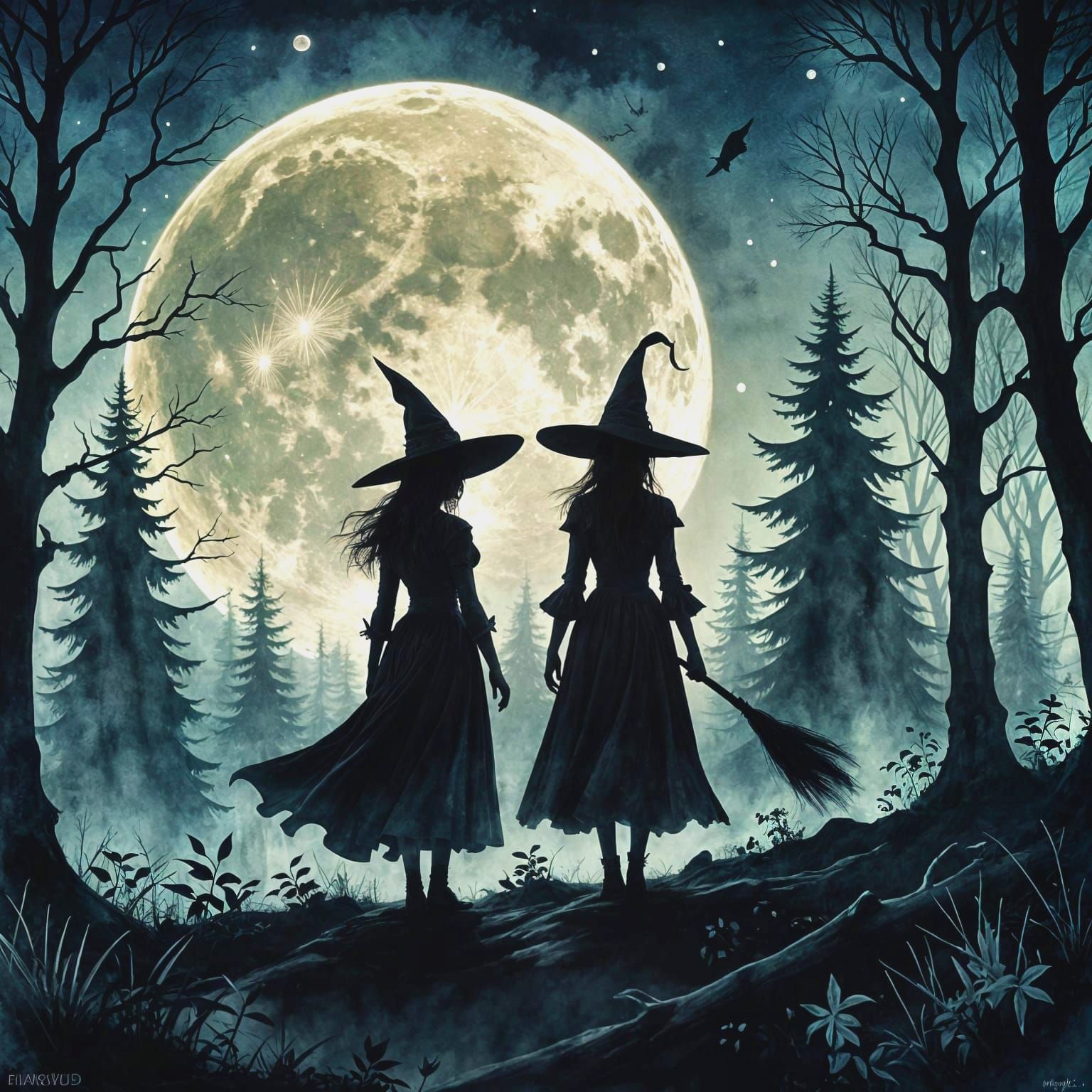 Witch Silhouette Before Giant Moon Fantasy Art