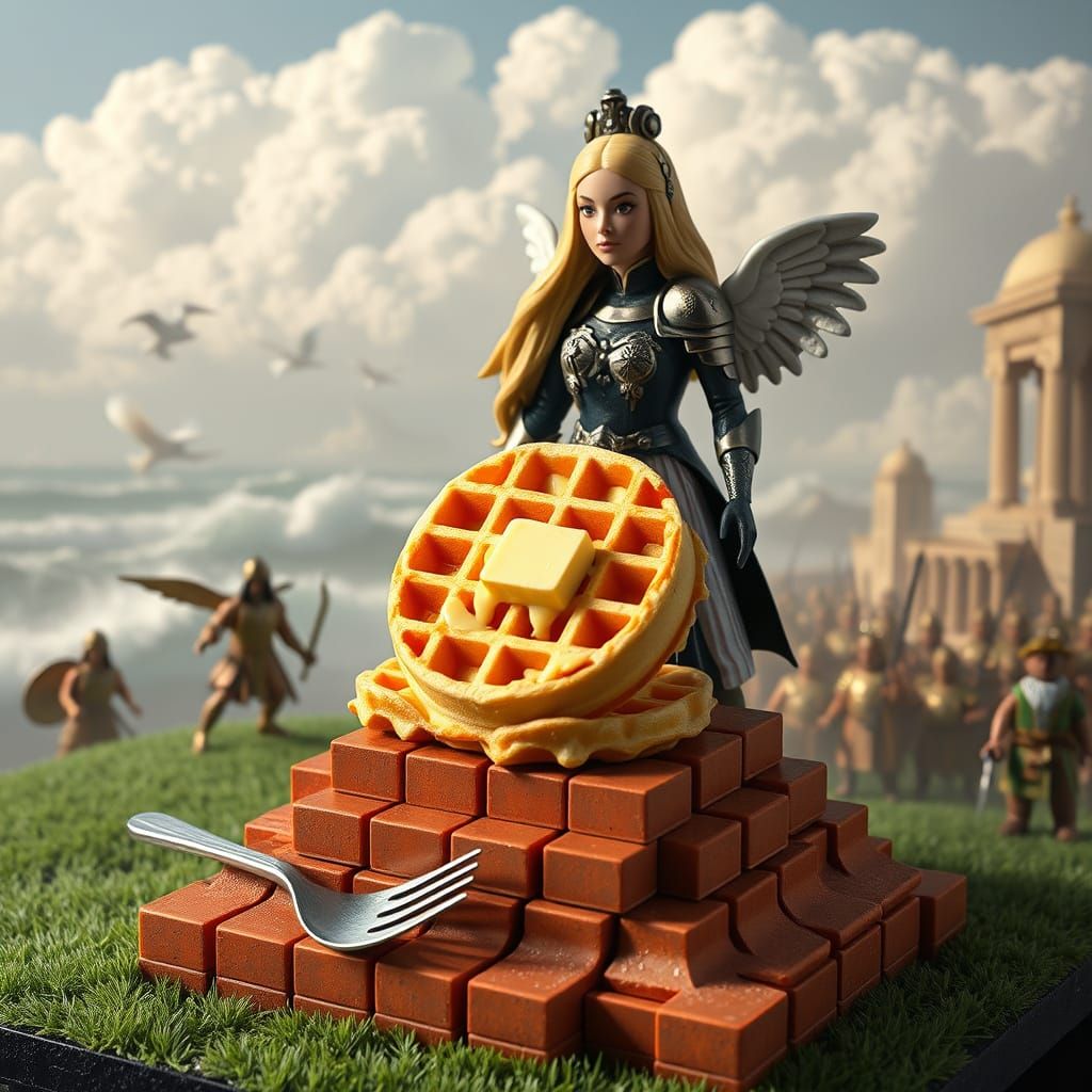 Vibrant Waffle Goddess with Ancient Warriors
