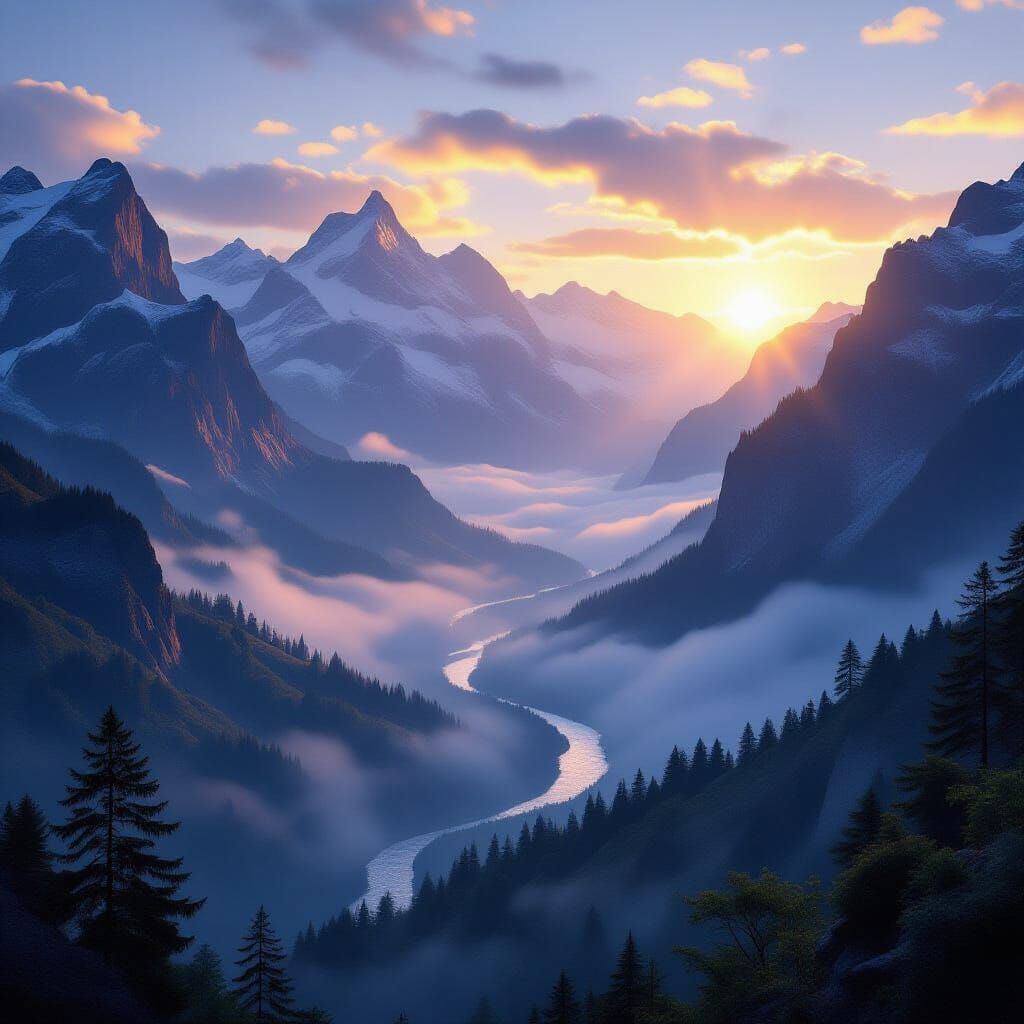Breathtaking Mountain Landscape at Dawn, Hyper-Realistic