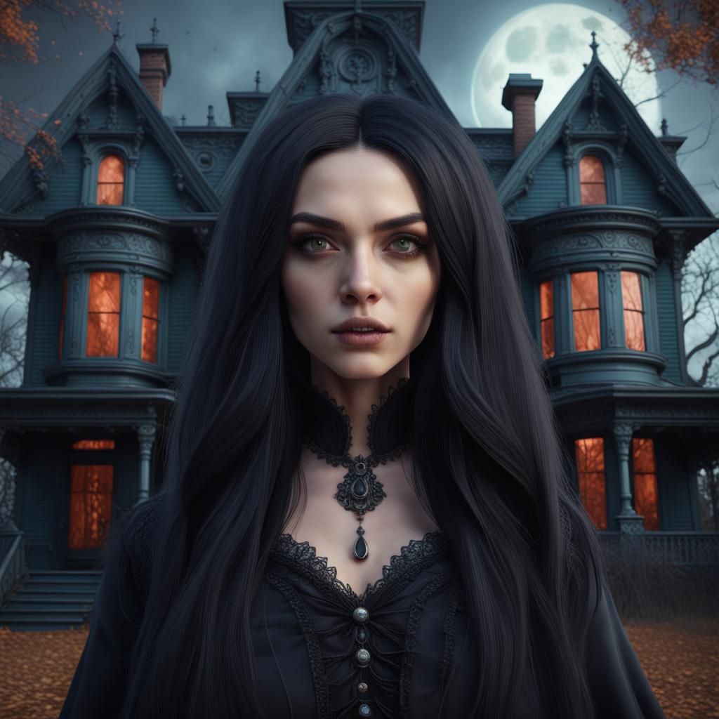 Young Witch by Haunted House on Halloween