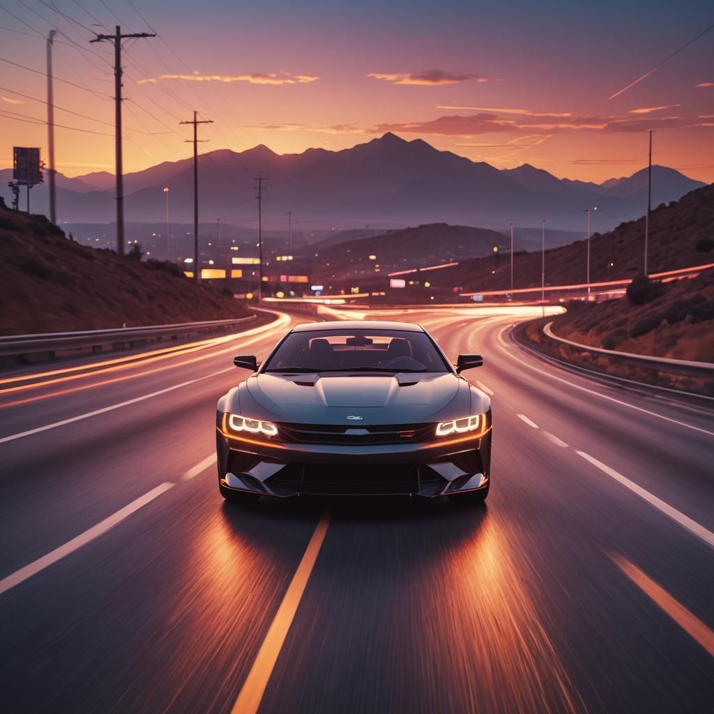 Retrofuturistic Car Speeds into Electric Sunset