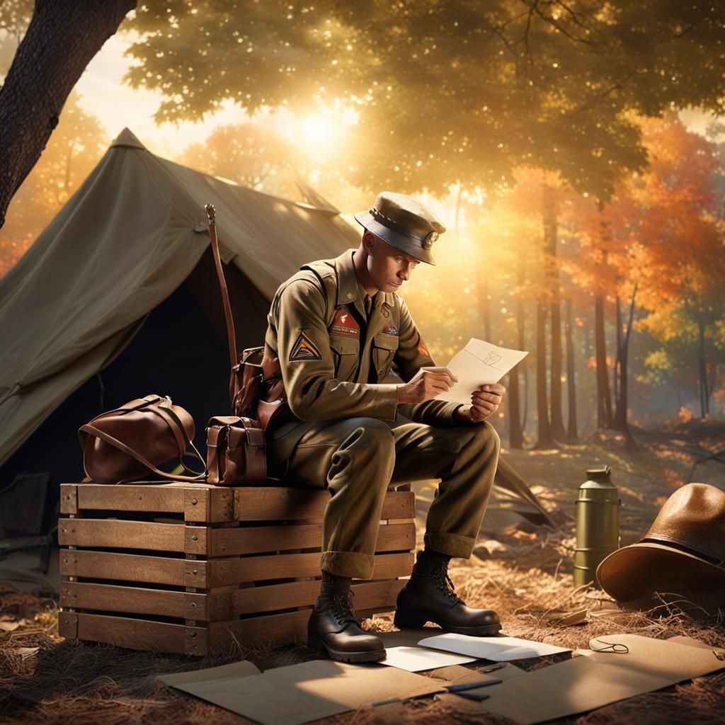 WWII Soldier Writing Letter: Hyper-Realistic Digital Art