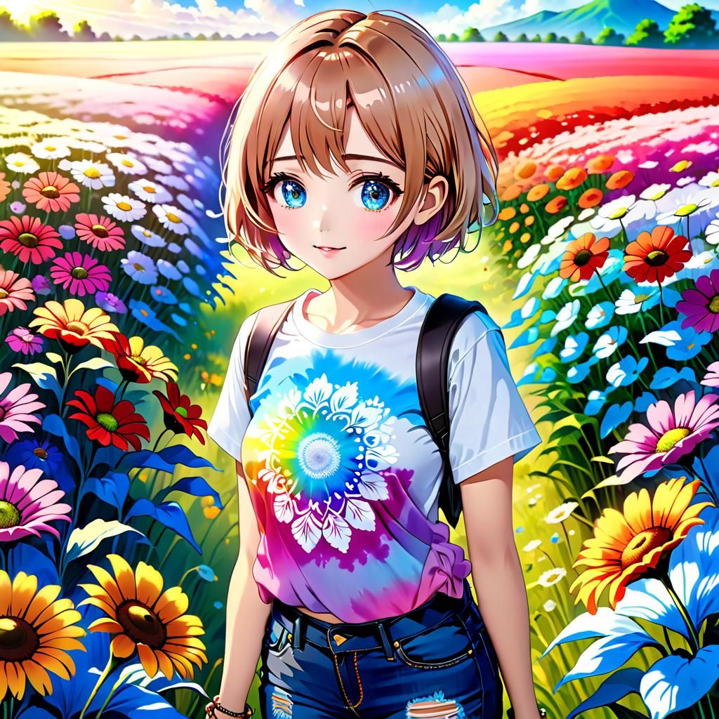 Hippie Woman in Flower Field, Anime Manga Style