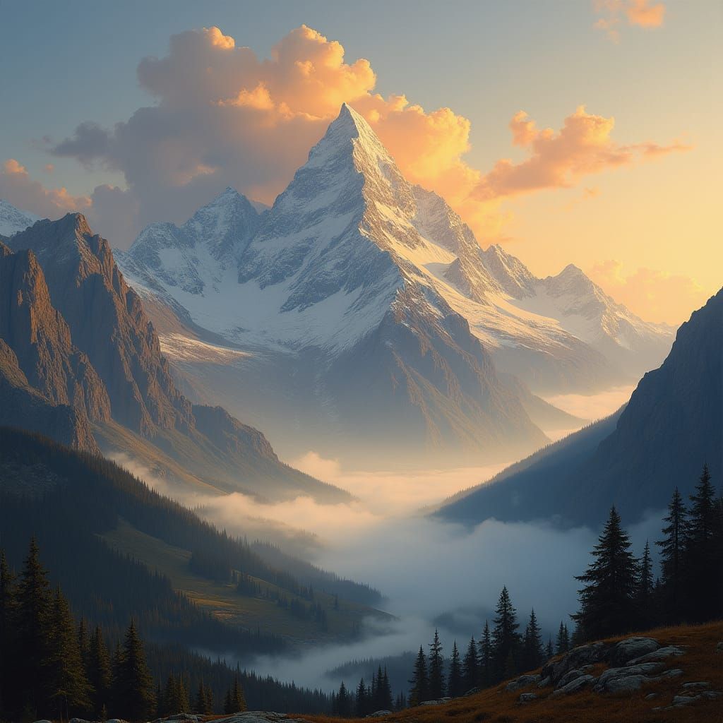 Majestic Mountain Range at Sunrise in Romantic Style