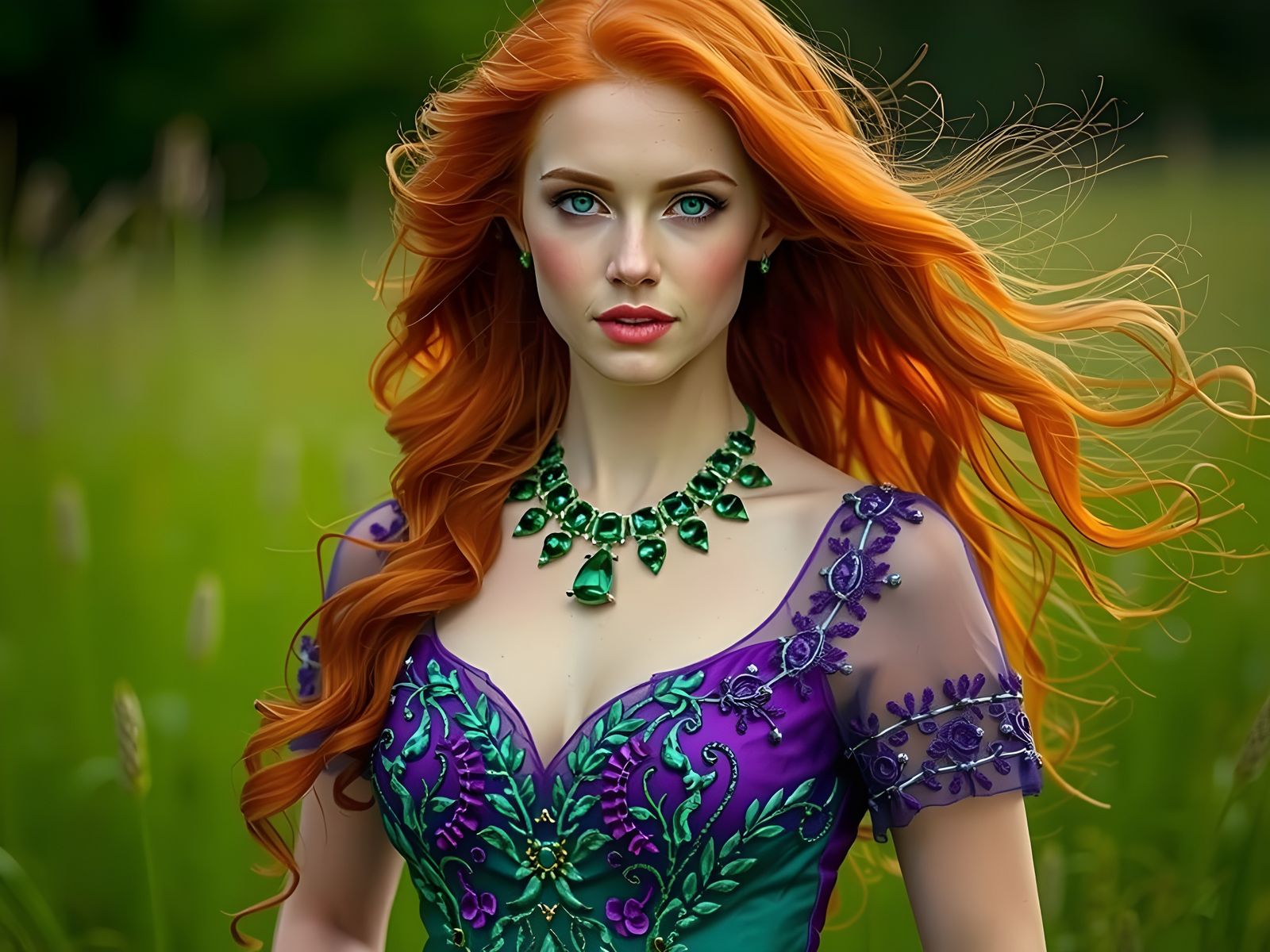 Emerald Adorned Woman in Embroidered Dress