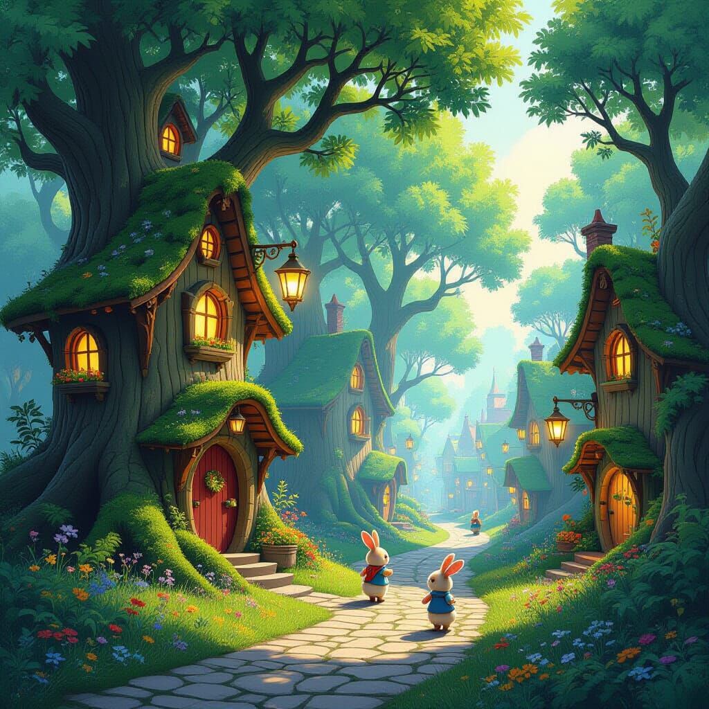 Whimsical Tree City with Rabbits, Miyazaki Style