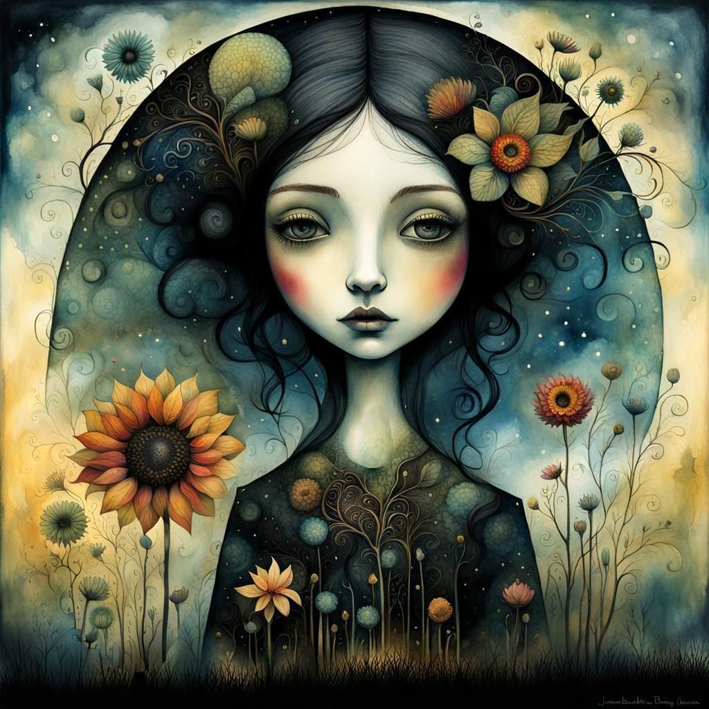 Girl with Flower in Surreal Watercolor Style