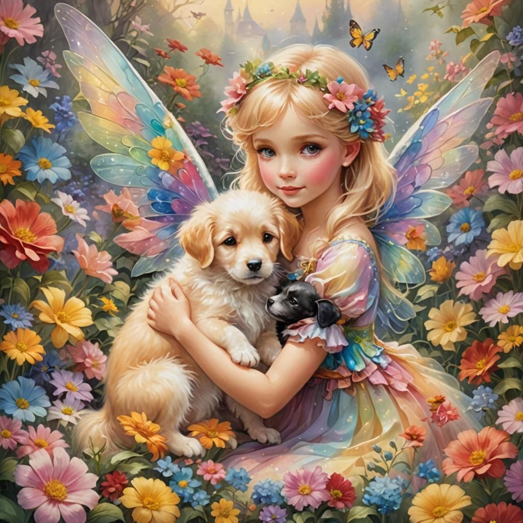 Fairy Embraces Puppy in Ethereal Garden Scene