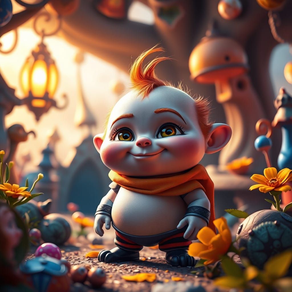 Miniature Gru in Vibrant Whimsical Fantasy Scene