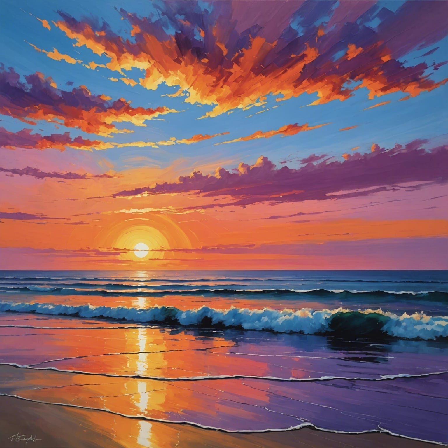 Sunset Over Ocean in Impressionist Gouache Style