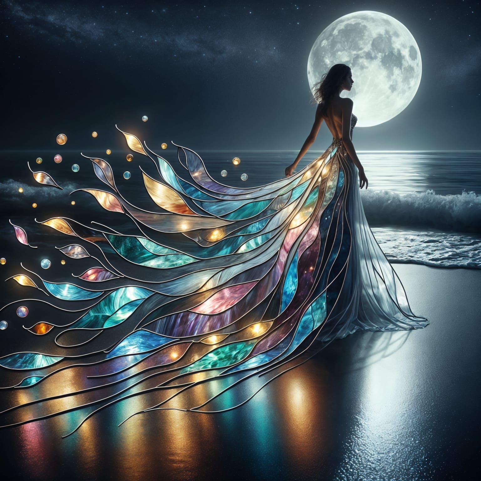 Ethereal Stained Glass Goddess on a Moonlit Shore