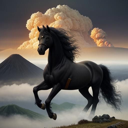 Majestic Black Horse on Volcanic Peak
