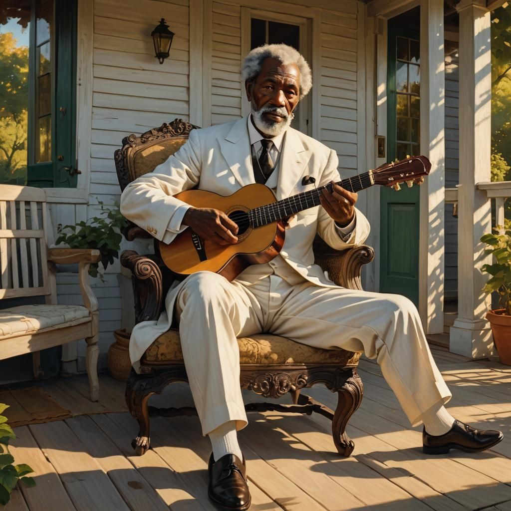 Elderly Man Playing Guitar in Detailed Matte Painting Style