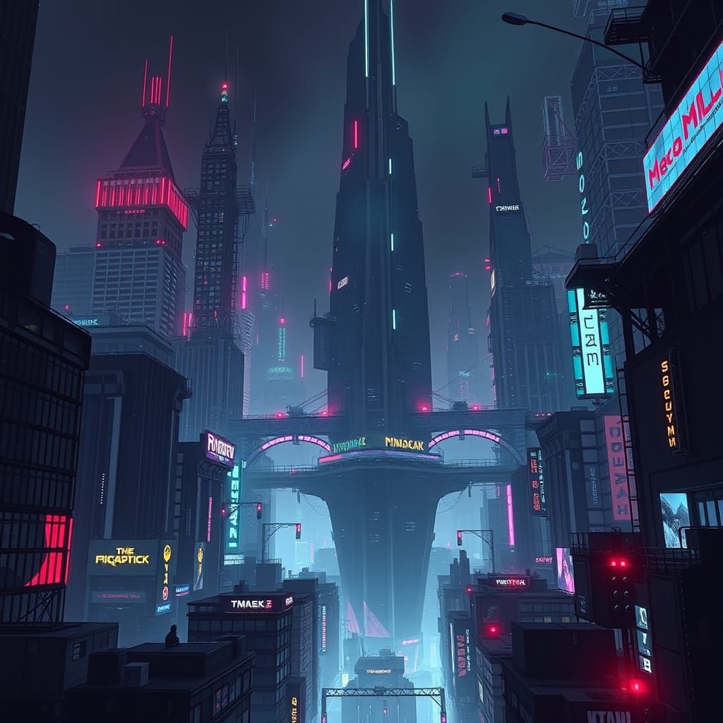 Cyberpunk Gothic Megastructure in Dark Urban Landscape