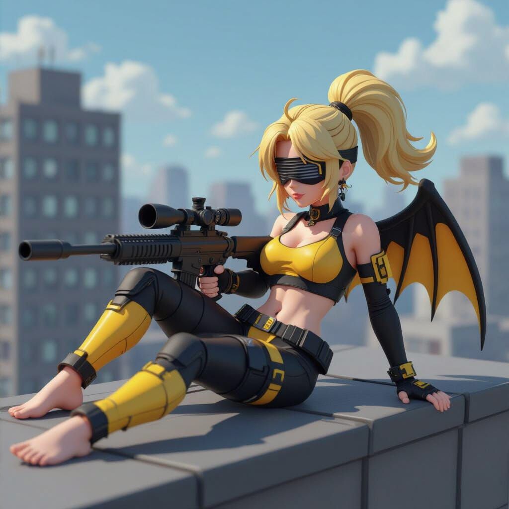 3D Pixel Art: Blonde Sniper on Rainy Rooftop
