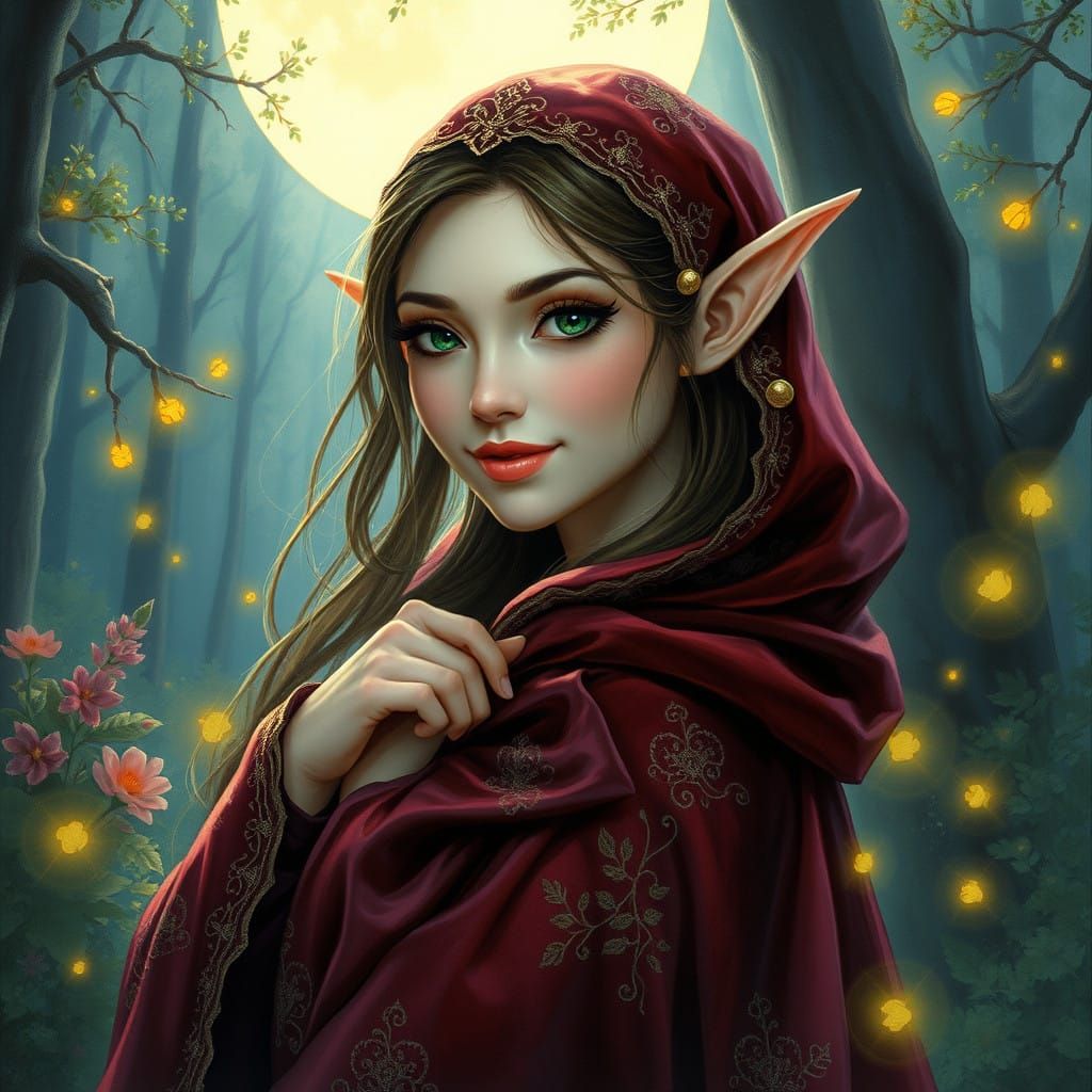 Enchanted Elf Maiden in Velvet Cloak under Moonlit Forest