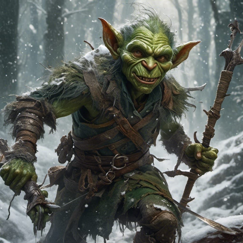 Hyperrealistic Goblins in Snowy Woods with Warpaint