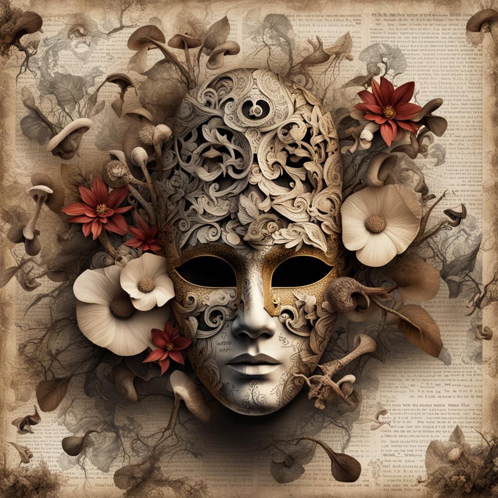 Venetian Mask of Newspaper and Flora: Collage Art