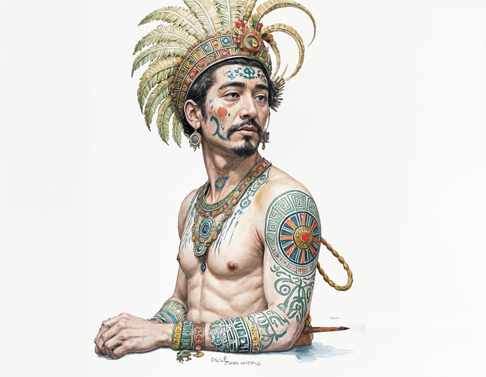 Ancient Aztec Emperor in Vibrant Gouache