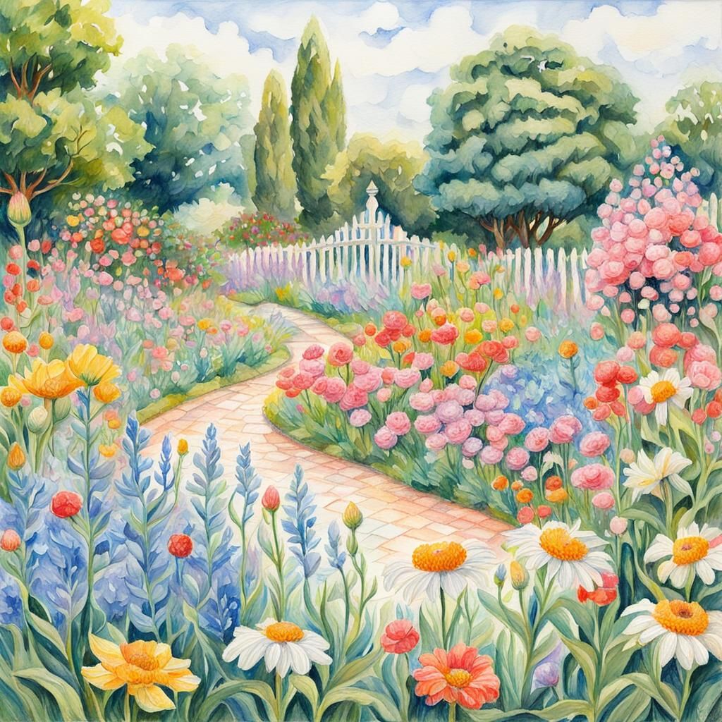 Flower Garden in Gouache and Watercolor Style