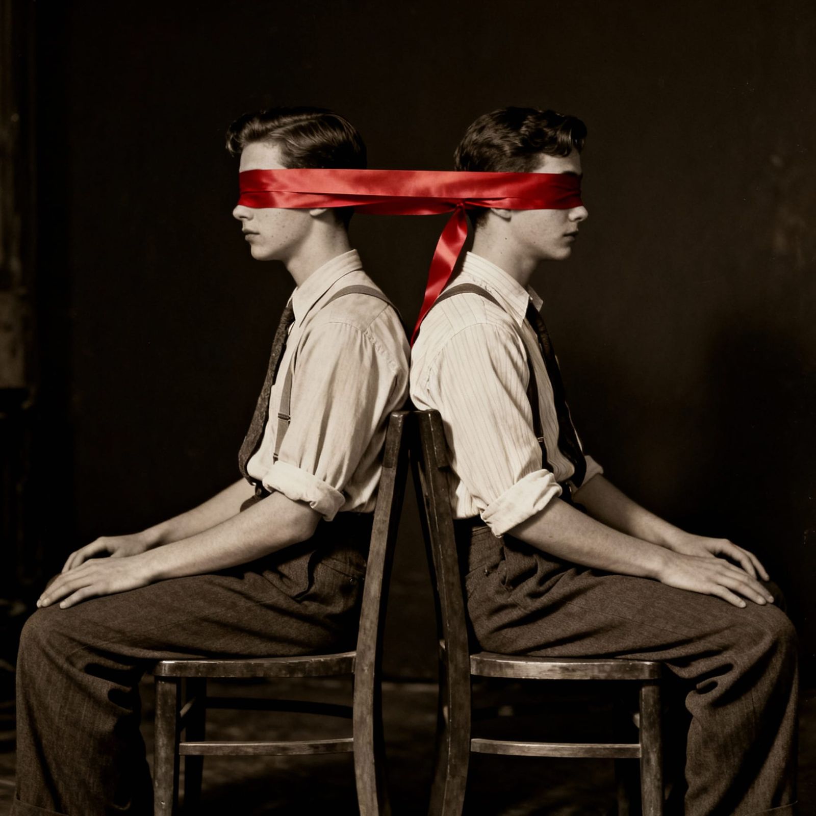 1930s Men Bound By Red Ribbon in Dark Setting