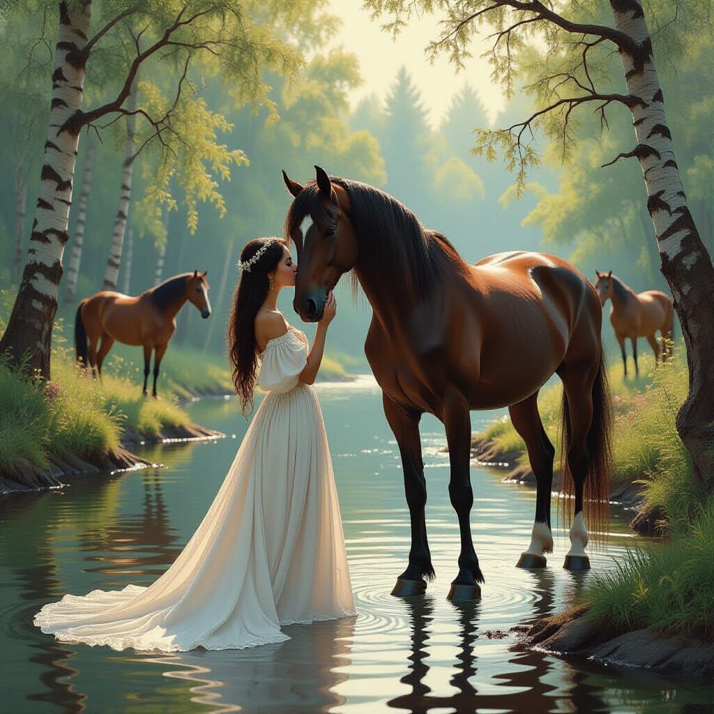 Woman and Horse by River in a Lush Forest