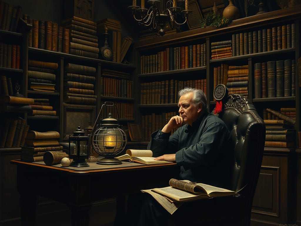 A Scholar Lost in Thought Amidst Ancient Tomes and Mystical....
