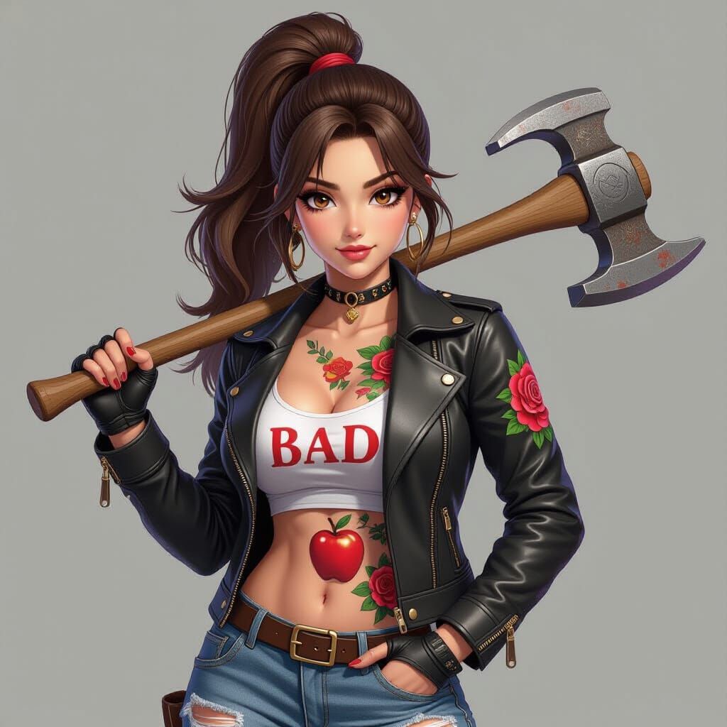 Anime Brunette with Sledgehammer in 3D Style