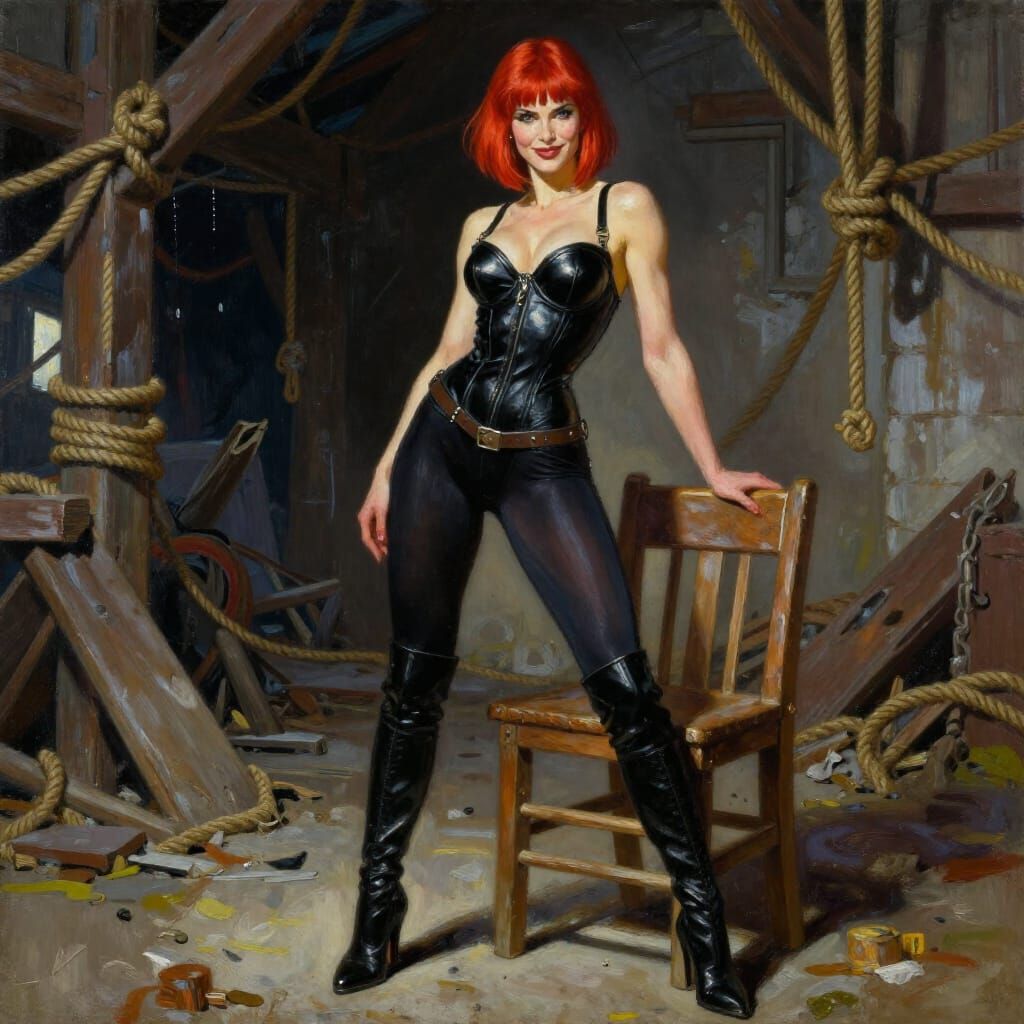Barbarian Woman in Leather by Abandoned Chair