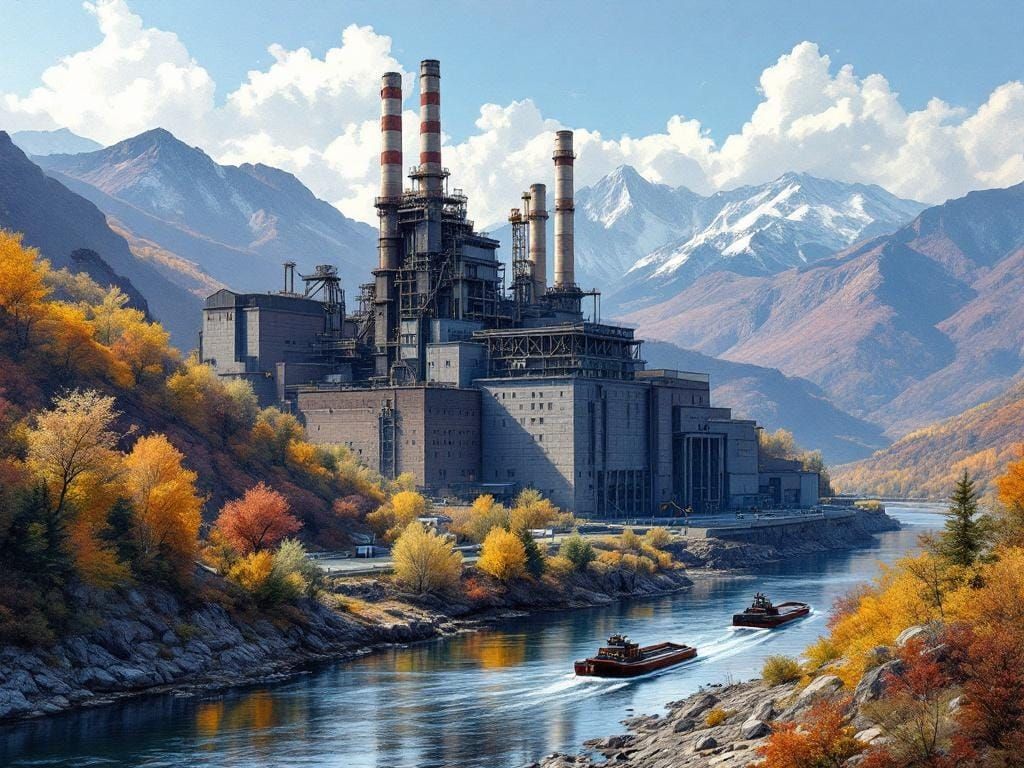 Brutalist Steel Mill on River in Neo-Impressionist Style