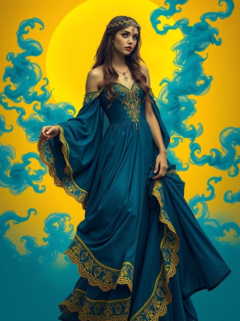 Gothic Woman in Blue and Yellow, Mucha Style