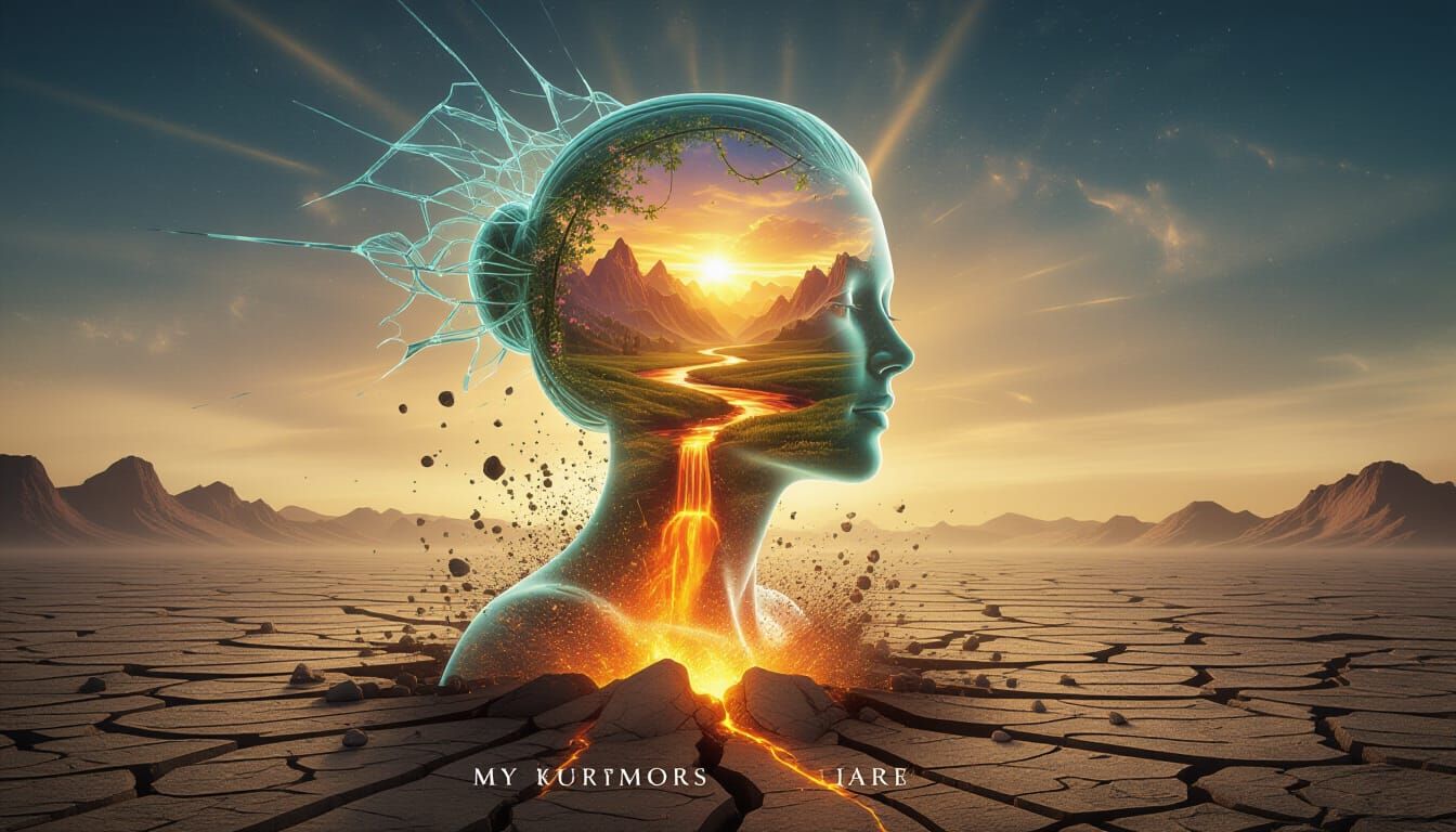 Glass Woman Emerges from Cracked Earth in Impasto Style